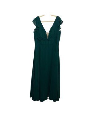 Anna Sophia Emerald Green Evening Gown Ruffle Sleeves V-Neckline Size 22